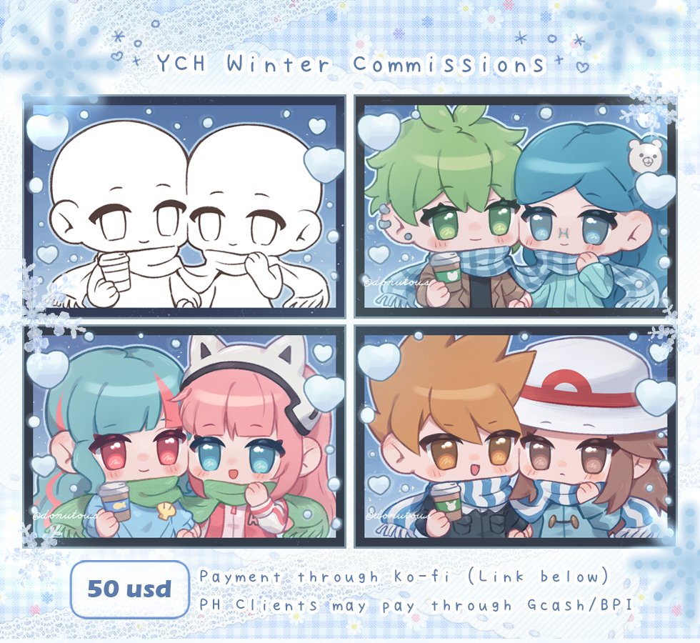 donutous's tweet photo. (RT's appreciated 🩶🙏)
Opening some slots for winter themed YCH commissions!❄️ Payment will be through Ko-fi (I also accept Gcash/BPI payments for PH🇵🇭 residents)

☕️Kofi Link: https://t.co/M4a57TMqgE

Terms &amp; details are stated on kofi! Feel free to DM me about any inquiries~ https://t.co/gBWuxGfFtg