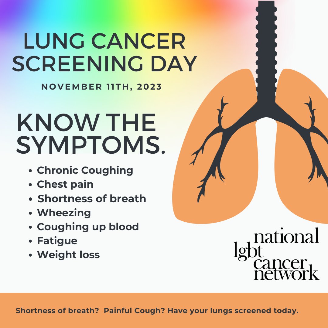 Today is Lung Cancer Screening Day! Prioritize lung health in our LGBTQIA+ community. See if you qualify for a screening:
*Age 50-80
*20+ pack per year smoking history
*Current smoker or quit in the last 15 years. Talk to your doctor & share with those at risk. #LCSDay2023