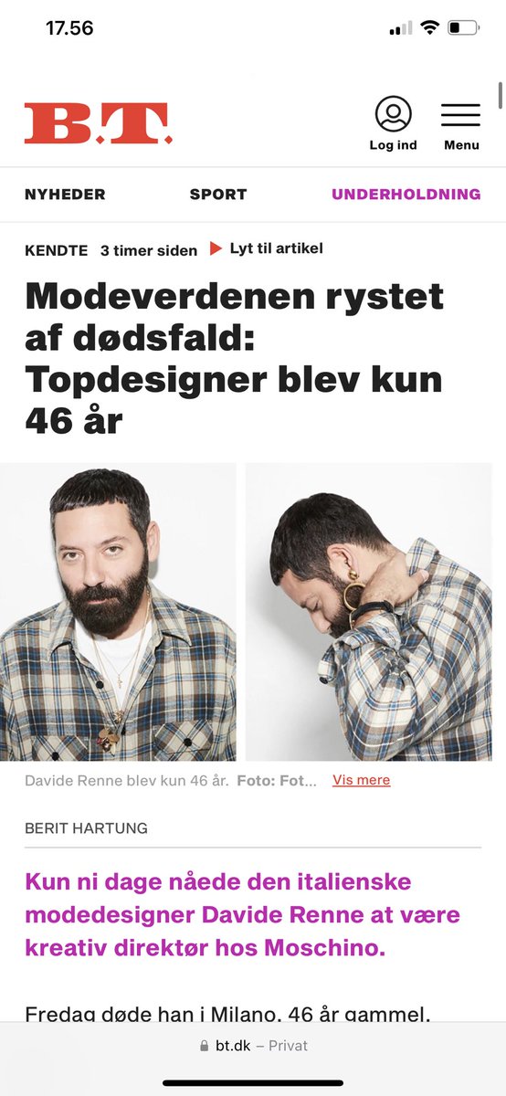 “Dødsårsagen er endnu ikke offentliggjort, men virksomheden oplyser, at det drejer sig om 'en pludselig sygdom.”

Bare rolig. Det er helt normalt. Jeg gentager: Det er helt normalt. Gentag efter mig/ Det er helt normalt.

bt.dk/kendte/modever…