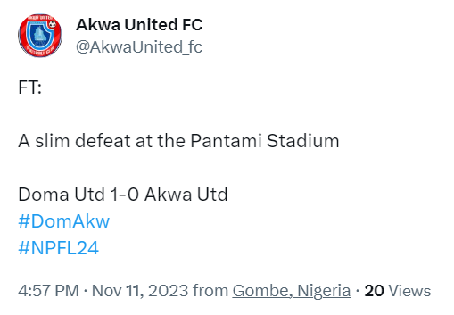nsidibeakpan23's tweet photo. If Akwa United says it is a slim defeat against Doma United, who am I to say otherwise?

Another slim defeat—just one point on the road this season. Fatai Osho should be looking over his shoulders if the management of the club are serious about the season.

#DOMAKW
#NPFL24 https://t.co/jcBm5sLMJq