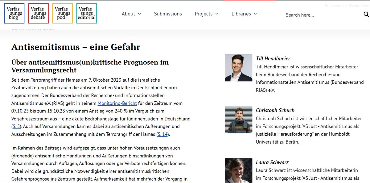 Die Zahl antisemitischer Vorfälle in Deutschland nimmt rapide zu.

TILL HENDLMEIER, CHRISTOPH SCHUCH &amp; LAURA SCHWARZ über Reaktionsmöglichkeiten des Versammlungsrecht, antisemitismusunkritische Prognosen - und warum pauschale Antworten nicht weiterhelfen.
verfassungsblog.de/antisemitismus…