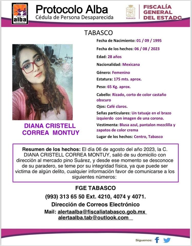 xevtfm's tweet image. 🔴 #ServicioSocial | Para localizar a Diana Cristell Correa Montuy, de 28 años de edad

Fue vista por última vez el pasado 6 de agosto en el municipio de Centro en #Villahermosa, #Tabasco  

#RT