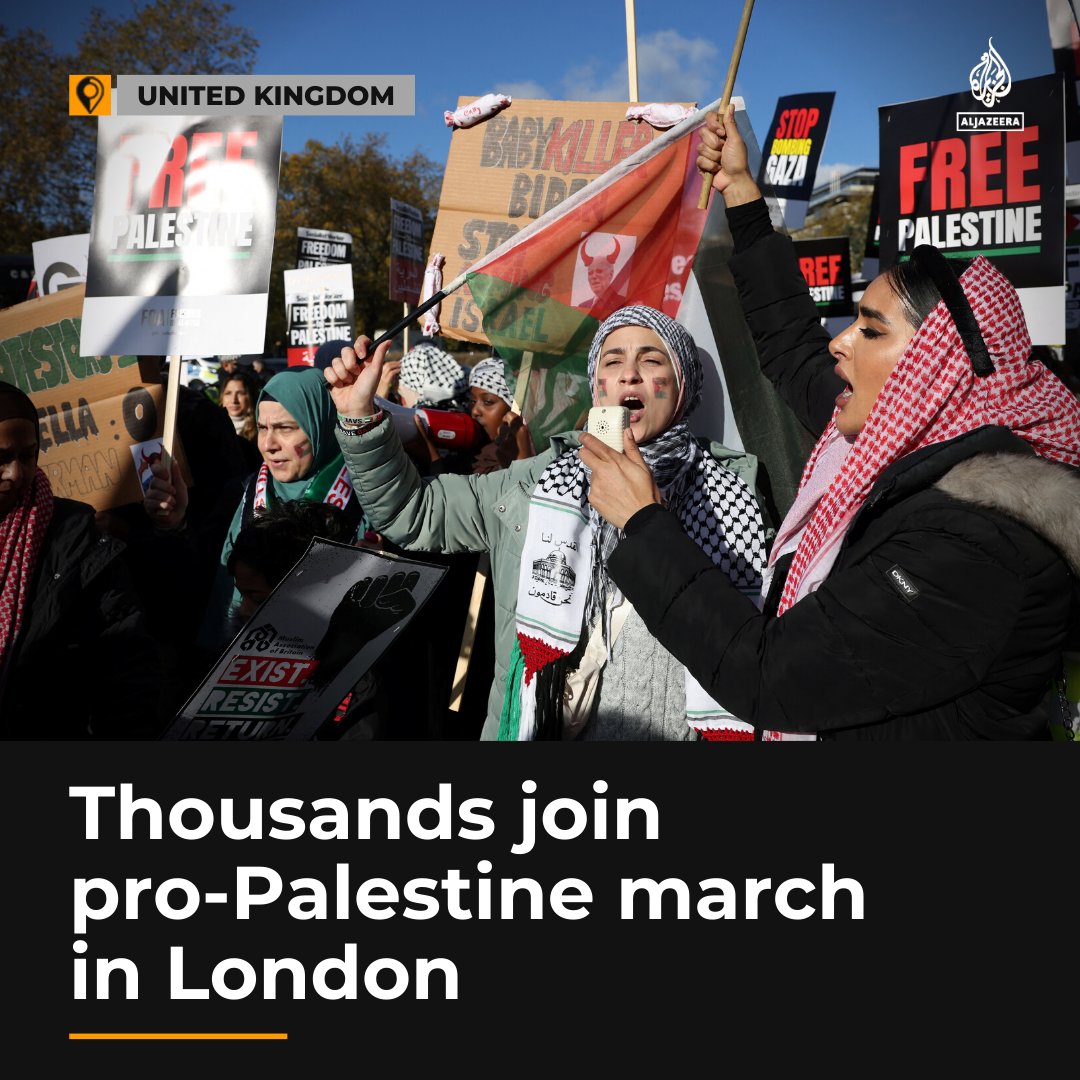 Hundreds of thousands of people have gathered in London and begun marching in solidarity with Palestine chanting “Stop bombing Gaza” and “Ceasefire now” aje.io/n3zbqi