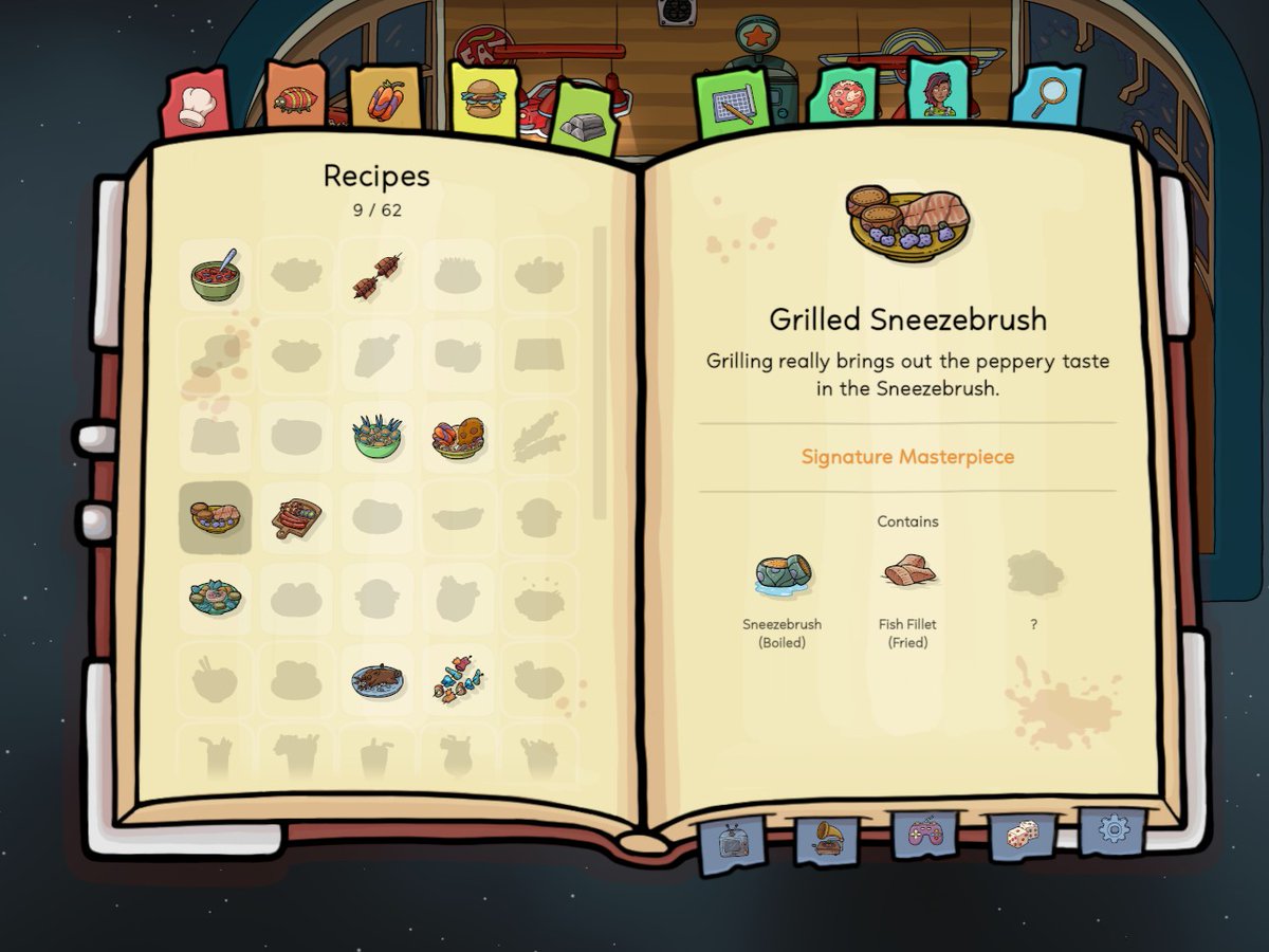 SpaceChefGame's tweet photo. My recipe book is full of super-duper yummy scrummy recipes! I'll give y'all a peak at one of my all-time favs 'Grilled Sneezebrush'.
๐คง Bless you!
๐ฎWishlist now: https://t.co/TbVOSa6pWp
๐ณ#SpaceChef
#Cookinggame #newgame #indiegame #gaming #foodie #SpaceGame #chefgame https://t.co/adXHghwYQN