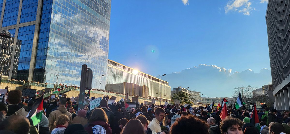ClareDalyIRL's tweet photo. Brussels today. Simultaneous mass demos across Europe, rejecting occupation, apartheid, mass murder and genocide, standing with brothers and sisters in Gaza. People in power have abused it. We DEMAND a better world. WE WILL HAVE IT! Free #Palestine. Long live #Gaza. #CeasefireNOW https://t.co/F4z8bM8Xsb