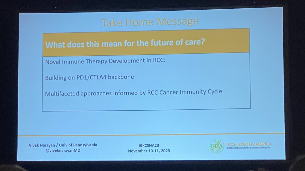 #IKCSNA23 Future is bright for #Immunotherapy - #Cellulartherapy in #RCC Grateful for the insightful presentations by the panel @MichaelEHurwitz @VivekNarayanMD @QingZhangLab