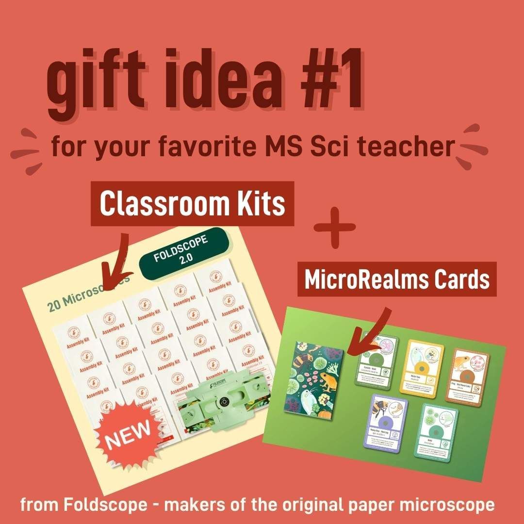 Gift idea #1 for your favorite Middle School Teacher - Classroom Kits plus MicroRealms Explorer Cards. buff.ly/3FRlvxx #sciencegifts #foldscopegifts #holidaygifts #giftideas #gifts #giftlist #teacher