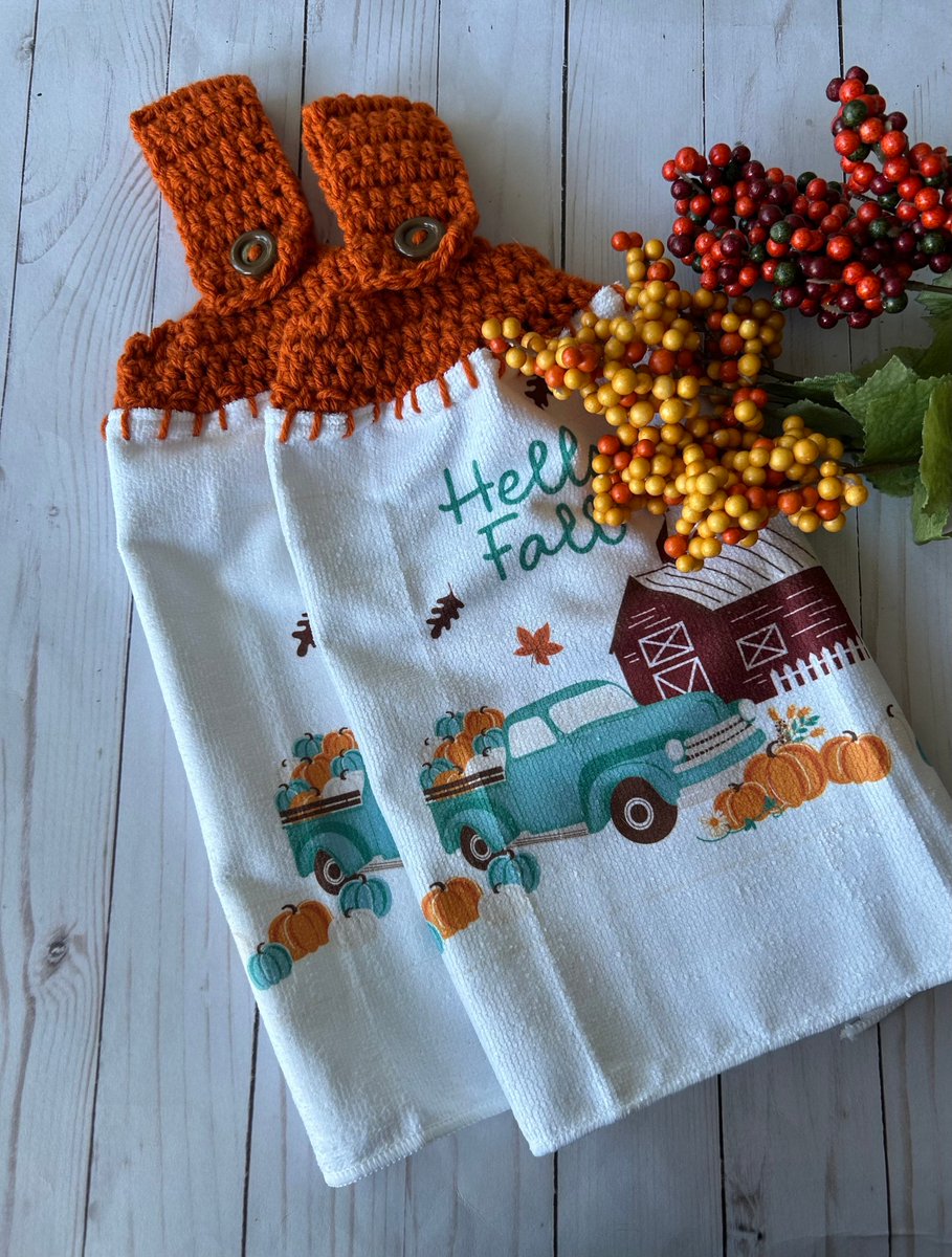 Hello Fall kitchen towels, Fall Kitchen towels, Fall crochet top kitchen towels, Fall Towels, Fall Blue Truck towels tuppu.net/13d1221b #craftshout #craftbizparty #BlueTruckDecor