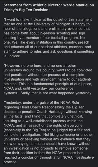 BarstoolUofM's tweet image. Statement from Michigan AD Warde Manuel.. love to see the Michigan administration and community back our guy @CoachJim4UM