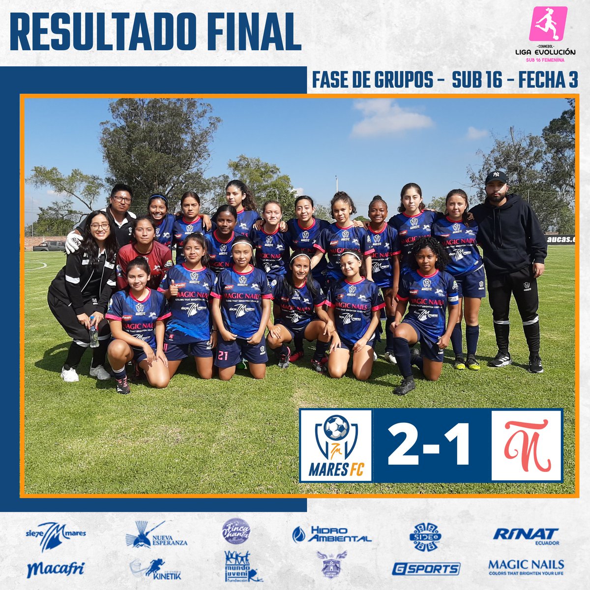 🚨 RESULTADO FINAL

💪⚽ Nuestra categoría sub-16 suma 3 puntos más en la #CONMEBOL, seguimos con paso firme. 👏

#7MaresFC 2 - 1 #Ñañas

⚽ Mayerli Huaraca 27'
⚽ Andrea Reyes 53'
.
.
.
#VamosGuerrerasdelMar
#7MaresFC
#FutbolFemenino 

<a href="/Clubnanas/">Club Ñañas</a>