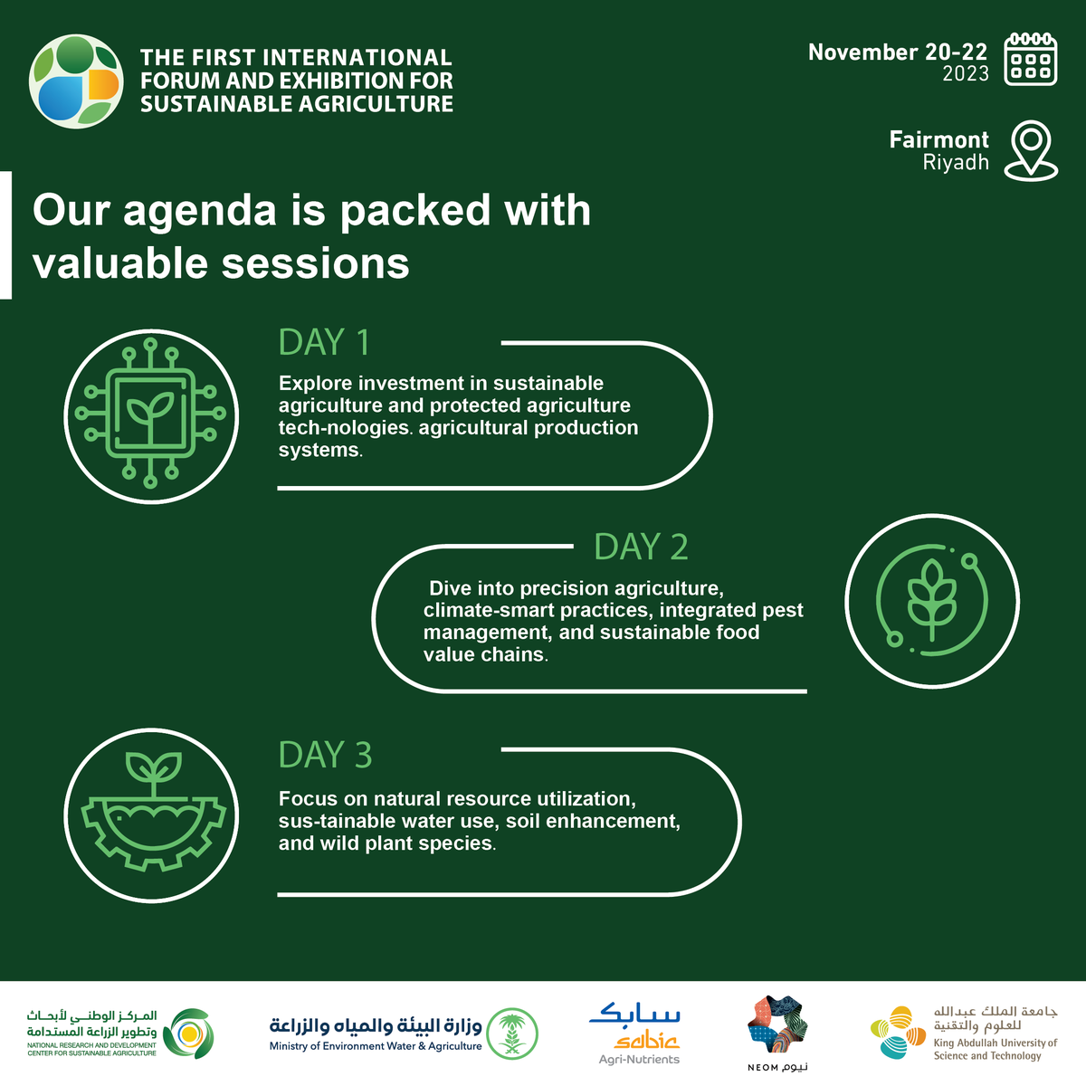 EstidamahSA's tweet photo. #IFESA 2023 mark your calendars:
Day 1: Natural resources and sustainability
Day 2: Precision farming and climate-smart practices
Day 3: Investment and Technology
Join us for a sustainable agriculture revolution.
🚜🌍 https://t.co/7SXQ537P3y
@MEWA_KSA @NEOM @SABIC https://t.co/yPXmet5y7x