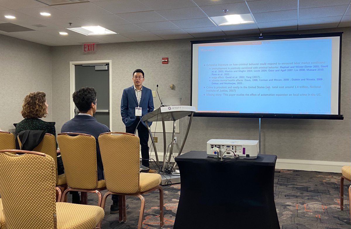 SDSUCHEPS's tweet image. More robots, more crime? @YangLiangEcon presented the center&apos;s ongoing work on robotics and crime during this morning APPAM session! #appam2023