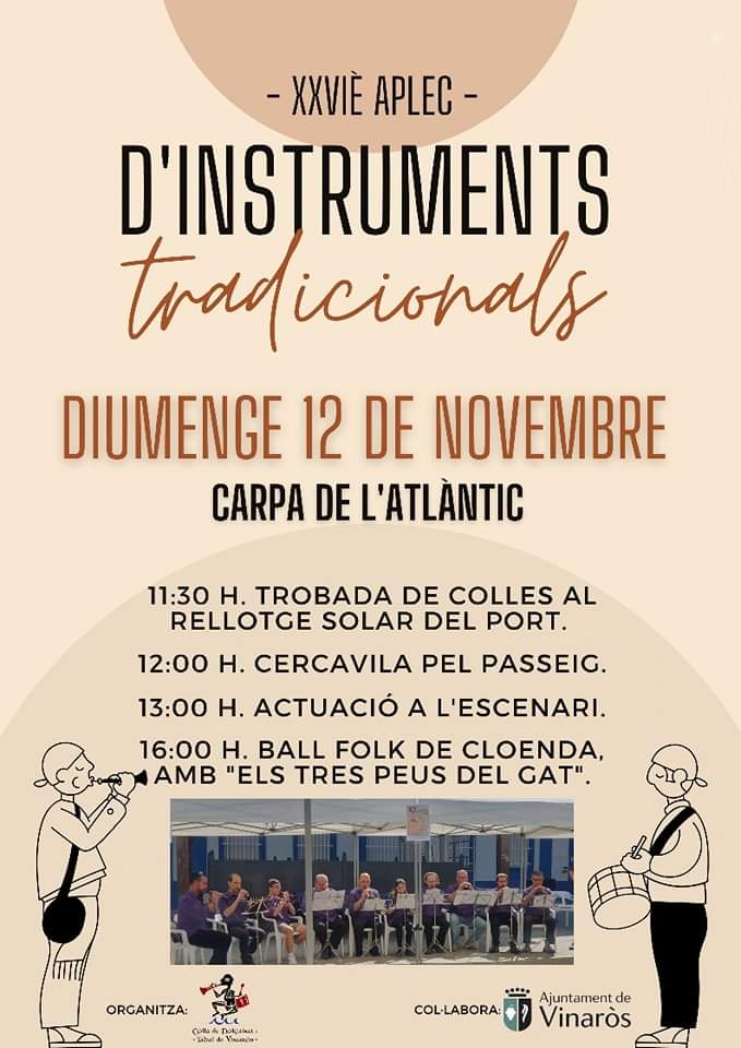 Demà passa pel XXVIè Aplec d'instruments tradicionals que es celebrarà a #Vinaròs!
Una jornada on colles es trobaran instruments i músics de la nostra cultura popular i festiva. Gaudeix d'un nou cap de setmana cultural a Vinaròs. 
#Vinaròs #AjuntamentVinaròs #CulturaVinaròs