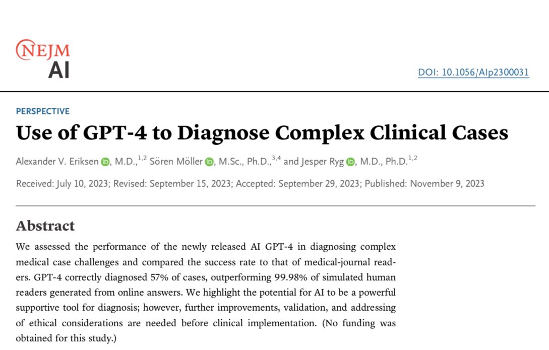 emollick's tweet photo. This is a nice example of exploratory analysis of the value of GPT-4 in medical diagnosis, the conclusion is worth reading:
1) GPT-4 beat 99.98% human journal readers, but it also had limits
2) GPT-4 is not optimized for medicine, seems urgent to think about how to do even better https://t.co/woYfCtrMbv
