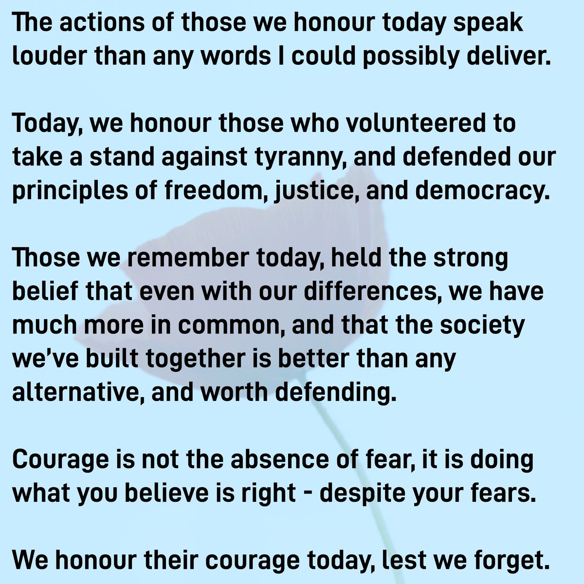 LocalActionCA's tweet photo. Today, we honour those who volunteered to take a stand against tyranny, and defended our principles of freedom, justice, and democracy.

Courage is not the absence of fear, it is doing what you believe is right–despite your fears. #LestWeForget

#RememberanceDay #CanadaRemembers https://t.co/Q8Ri0ujKAu