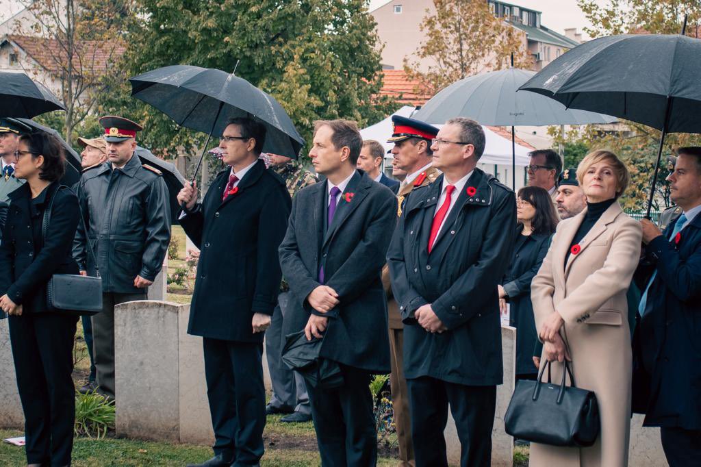 UKDefSerbia's tweet photo. Today on a grey and wet day at the Commonwealth War Graves Cemetery in #Belgrade we gathered to honour those who made the ultimate sacrifice. We will remember them. #RemembranceDay #LestWeForget @ukinserbia @CanadaSerbia https://t.co/6DaZTwE7zi