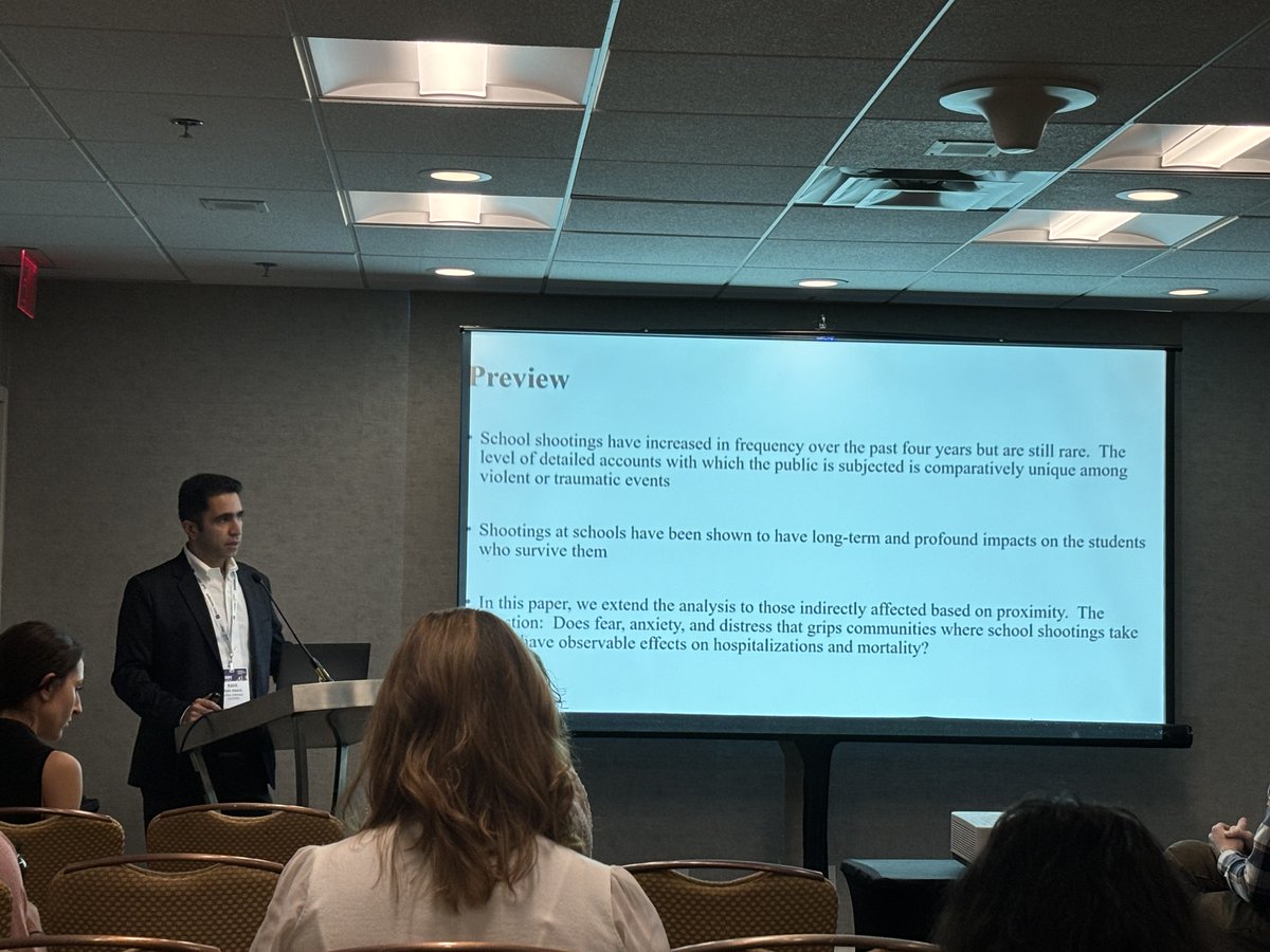 SDSUCHEPS's tweet image. Paper by @AboukRahi finds that school shootings — particularly fatal shootings —  increase trauma-induced emergency departments and in-patient visits among those closest to shooting. #APPAM2023