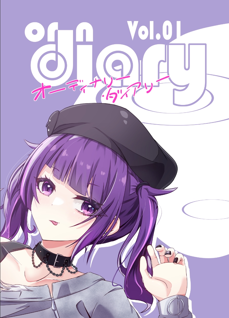 tanaka mamimi 1girl purple hair purple eyes twintails tongue out hat diagonal bangs  illustration images