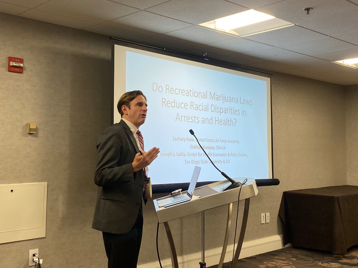 SDSUCHEPS's tweet image. .@SdsuEcon Chairman Joe Sabia presents new work with @zachfone and @GokhanKumpas on recreational marijuana laws and racial disparities in arrests and health at APPAM 2023! #APPAM2023