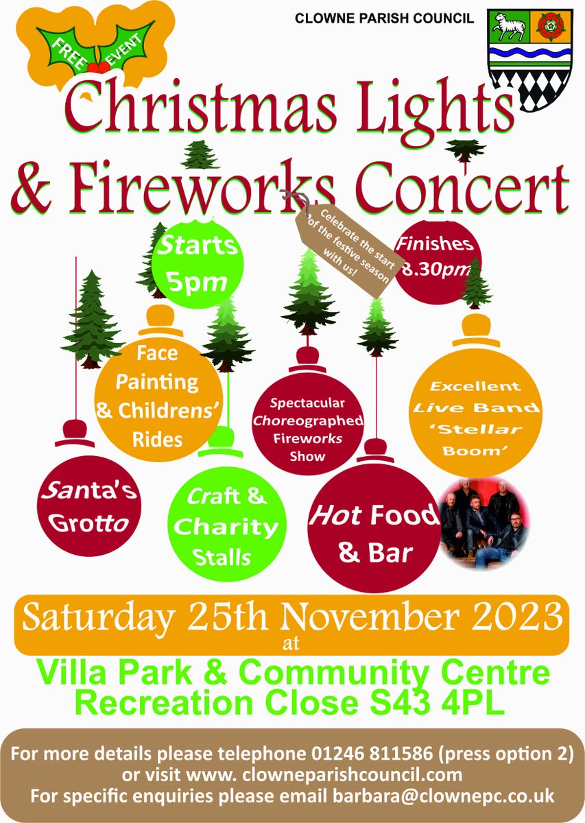 BolsoverDC's tweet photo. Join Clowne Parish Council for thier Christmas lights and fireworks concert on 25 November, 5pm to 8:30pm at Villa Park.
There will be live music, hot food, bar, children's rides, Santa's grotto, stalls and more. https://t.co/jVICeDU2aV