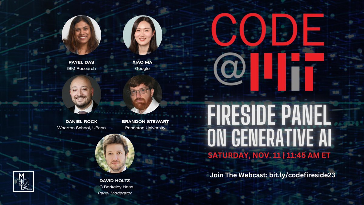 MIT IDE (@mit_ide) on Twitter photo 📢Starting NOW 11:45am ET: <a href="/CODEConference/">Conference on Digital Experimentation</a> Fireside Panel on #GenerativeAI
Panelists: Payel Das, <a href="/infoxiao/">Xiao Ma</a>, <a href="/danielrock/">Daniel Rock</a>, Brandon Steward and moderator <a href="/daveholtz/">David Holtz</a>
👉Join: web.mit.edu/webcast/ide/f2… 📢Starting NOW 11:45am ET: <a href="/CODEConference/">Conference on Digital Experimentation</a> Fireside Panel on #GenerativeAI
Panelists: Payel Das, <a href="/infoxiao/">Xiao Ma</a>, <a href="/danielrock/">Daniel Rock</a>, Brandon Steward and moderator <a href="/daveholtz/">David Holtz</a>
👉Join: web.mit.edu/webcast/ide/f2…