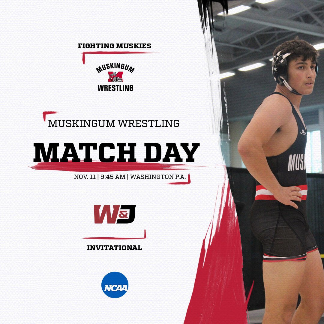 Our second weekend of competition starts today at the Washington and Jefferson invitational action begins at 9:45 AM.

 #GoMuskies #ItsAScrapLife #DefendThem #ShowUsYourTeeth #D3Wrestle #NCAAWrestling.