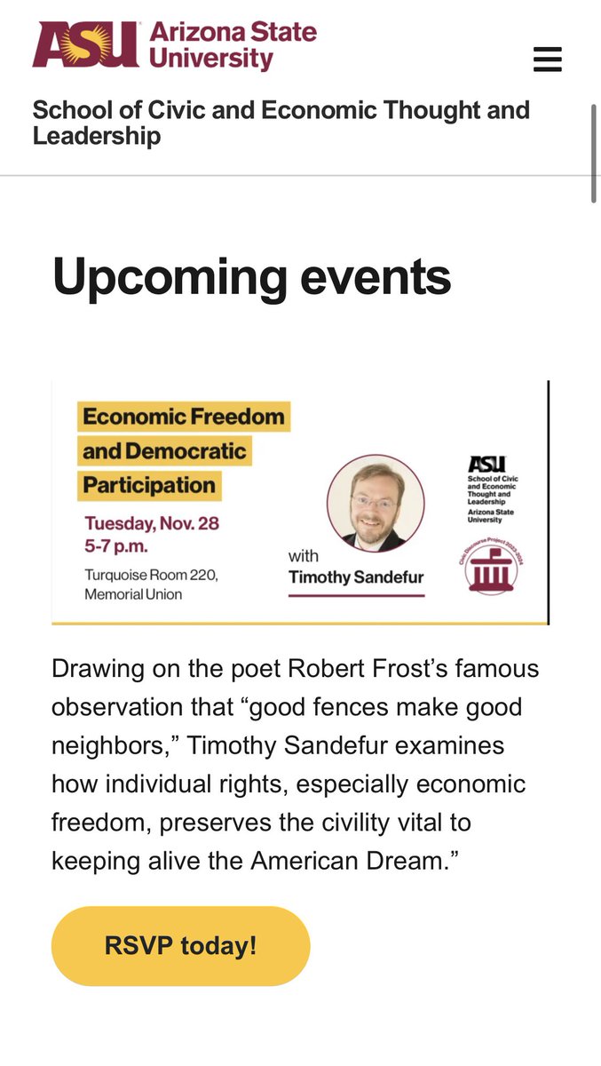 On Nov. 28 I’ll be speaking at ASU about the breakdown in American civil discourse—and how it relates to the breakdown of free markets and private property rights. 

Registration’s required—but it’s free. Please join us! specialevents.asu.edu/ereg/newreg.ph… @CatoEvents @GoldwaterInst