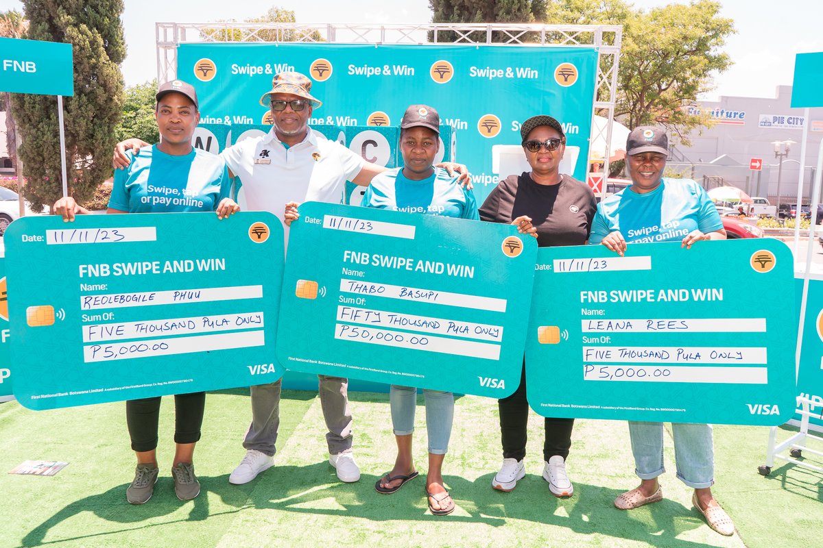 FNB_Botswana's tweet photo. Congratulations to #FNBSwipeAndWin winners from today in Francistown:
Thabo Basupi: BWP 50,000.00
Reolebogile Phuu: BWP 5,000.00
Leana Rees: BWP 5,000.00
Use your FNB Visa card for a chance to win a share of P1 Million between Nov 1, 2023, and Jan 31, 2024, with Visa. Ts & Cs. https://t.co/TnI6PwEOTl