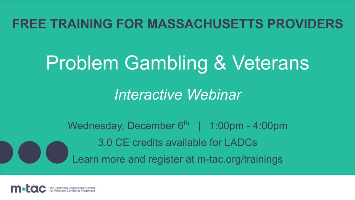 Massachusetts providers – don’t miss this Problem Gambling and Veterans Training on December 6th! Register for this free webinar, offered through the MA Technical Assistance Center for Problem Gambling Treatment, funded by <a href="/MassDPH/">Mass. Public Health</a>: ow.ly/yekl50Q6qC8