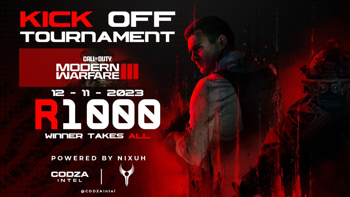 🏆 #MWIII Kick Off Tournament 

HP &amp; SND BEST OF 3!

🗓️ 12th of November.
⏰ 13:00 SAST.
💰 R1000 winner takes all.
👥 4v4 (Max 12 teams)

Entries close at 11:00 SAST tomorrow 👇

Sign up here: discord.com/invite/My9Gcwd5

Powered by <a href="/NixuhGG/">Nixuh</a> ⚡