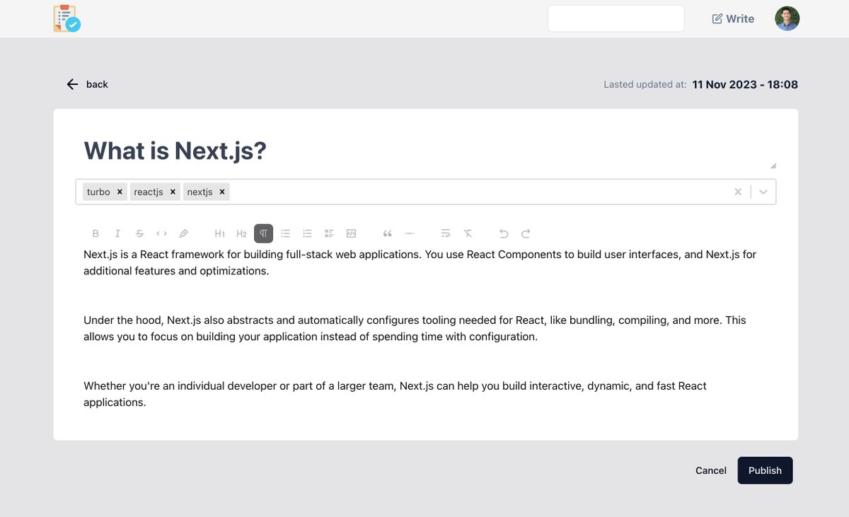 luannguyenbkit's tweet image. [D19] Continue create/update post layout:
- #Tiptap
- #ReactSelect for search, add or create new tags for post 
- #Prisma for upsert 
- #NextJS server actions 

github.com/CodeForStartup…
#100daysofcode #1000daysofcode #reactjs #React
