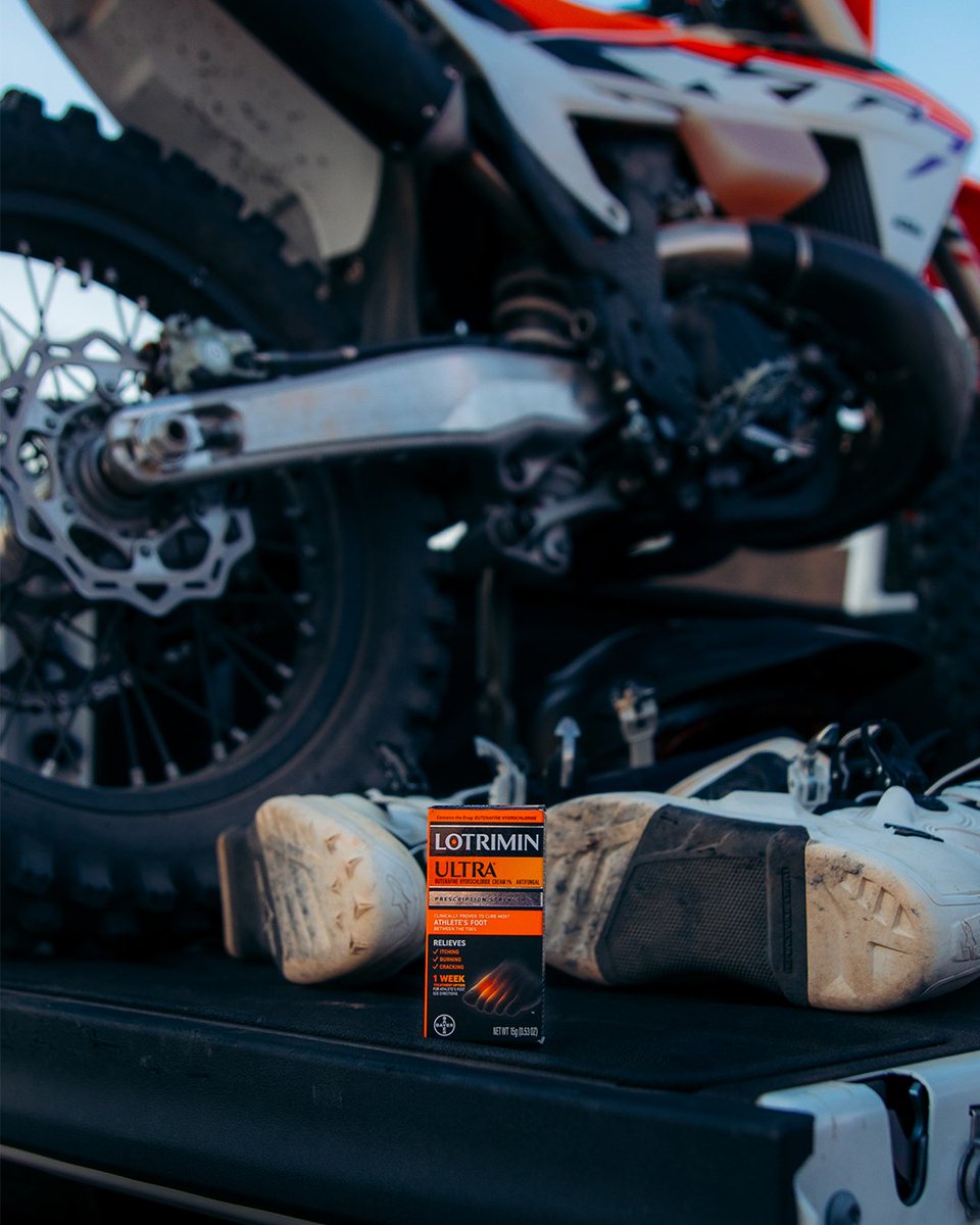 lotrimin's tweet photo. What’s your most essential piece of gear? 🏍️ Stay ready for the next race with Lotrimin Ultra's® prescription strength athlete’s foot relief.​

​Use as directed. https://t.co/w9doRKgrxm