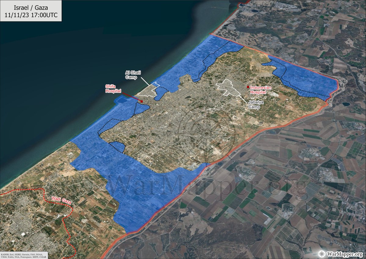 #Gaza situation update:

The #IDF has advanced around the extremely high-density buildings of Al Shati camp towards the east of the Shifa hospital.

Further advances from the South bring the hospital within 700 meters of being surrounded, if it hasn't been already.