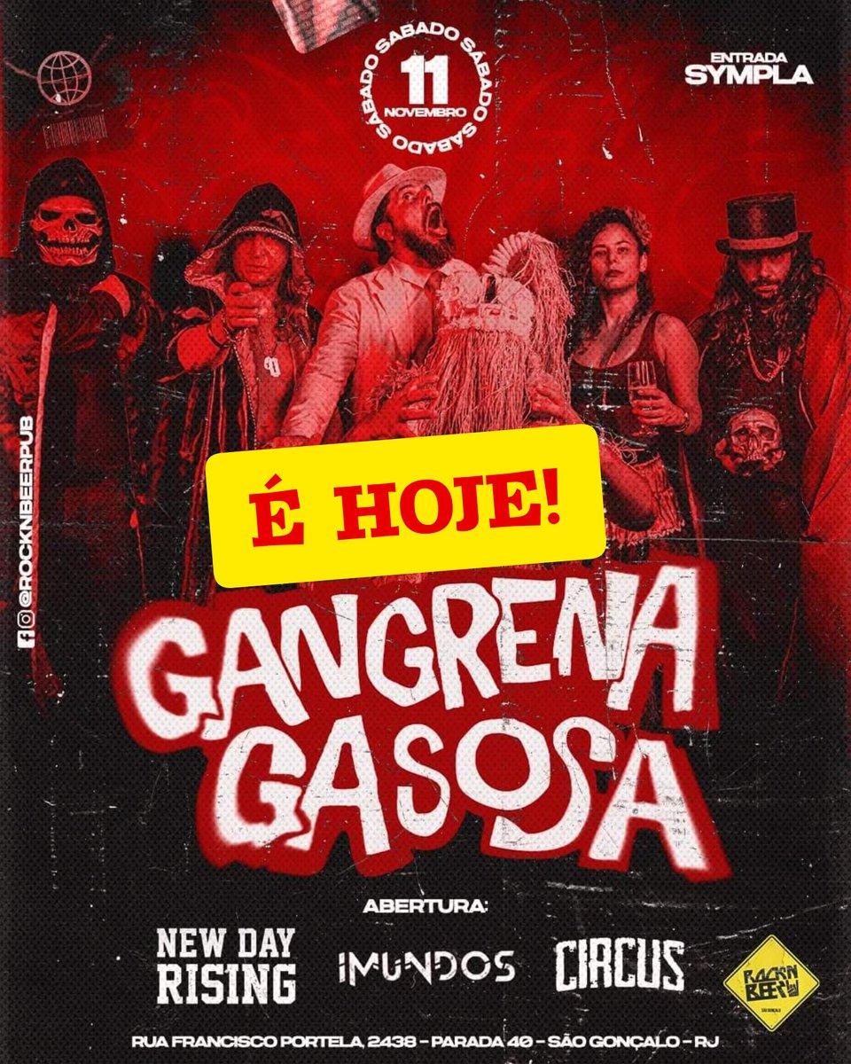 gangrenagasosa's tweet photo. É HOJE! MACUMBANGERS DE SÃO GONÇALO E ARREDORES, UNI-VOS!
Cola no Rock'n'Beer🤘🏾👹🔥
Na abertura teremos também Imundos Circus e NDR!!!
🕚 Bar abre as 20hs
🎫 Show a partir das 22hs
#macumbacore #saravametal #gangrenanorocknbeer #saogoncalo https://t.co/UuYz4iWJXt