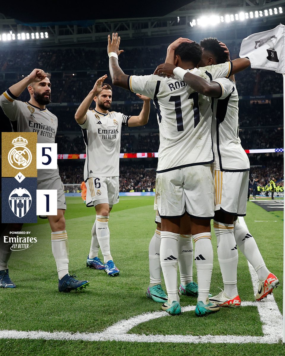 🏁 @RealMadrid 5-1 @valenciacf ⚽ 3' @DaniCarvajal92 ⚽ 42' @ViniJr ⚽ 49' @ViniJr ⚽ 50' @RodrygoGoes ⚽ 84' @RodrygoGoes ⚽ 88' Hugo Duro #RealMadridValencia | #Emirates