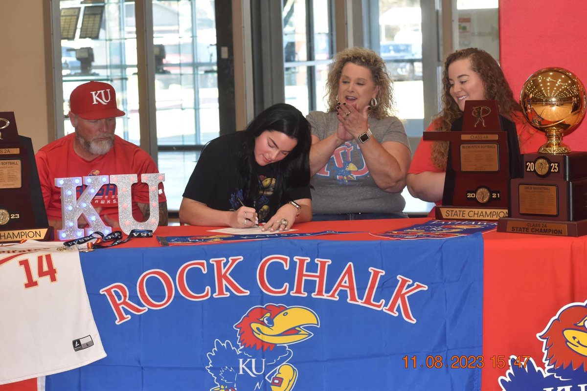 Karsen Griggs made it official Wednesday!! KU Softball!! Rock Chalk!! <a href="/msreferee/">Rachael Melot</a> <a href="/markrsports/">Mark Rodgers</a> <a href="/CoachMcFalls/">Jen</a> <a href="/KUSoftball/">Kansas Softball</a> <a href="/FansOfKU/">Kansas Jayhawk Fans</a> @CoachMeghanKU <a href="/kaitlynslack/">Kate Slack</a> <a href="/VYPEOK/">VYPE Oklahoma</a> <a href="/SBLiveOK/">Oklahoma High School On SI</a> <a href="/TannerTees/">Tanner Tees</a> <a href="/sluggernation/">Louisville Slugger</a> @