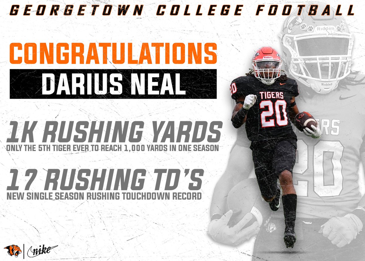 Congratulations Darius Neal on setting the new single season rushing touchdown record (17) and becoming only the 5th player ever reach over 1,000 yards rushing in one season!

#TigerPride🐅 | #1and0