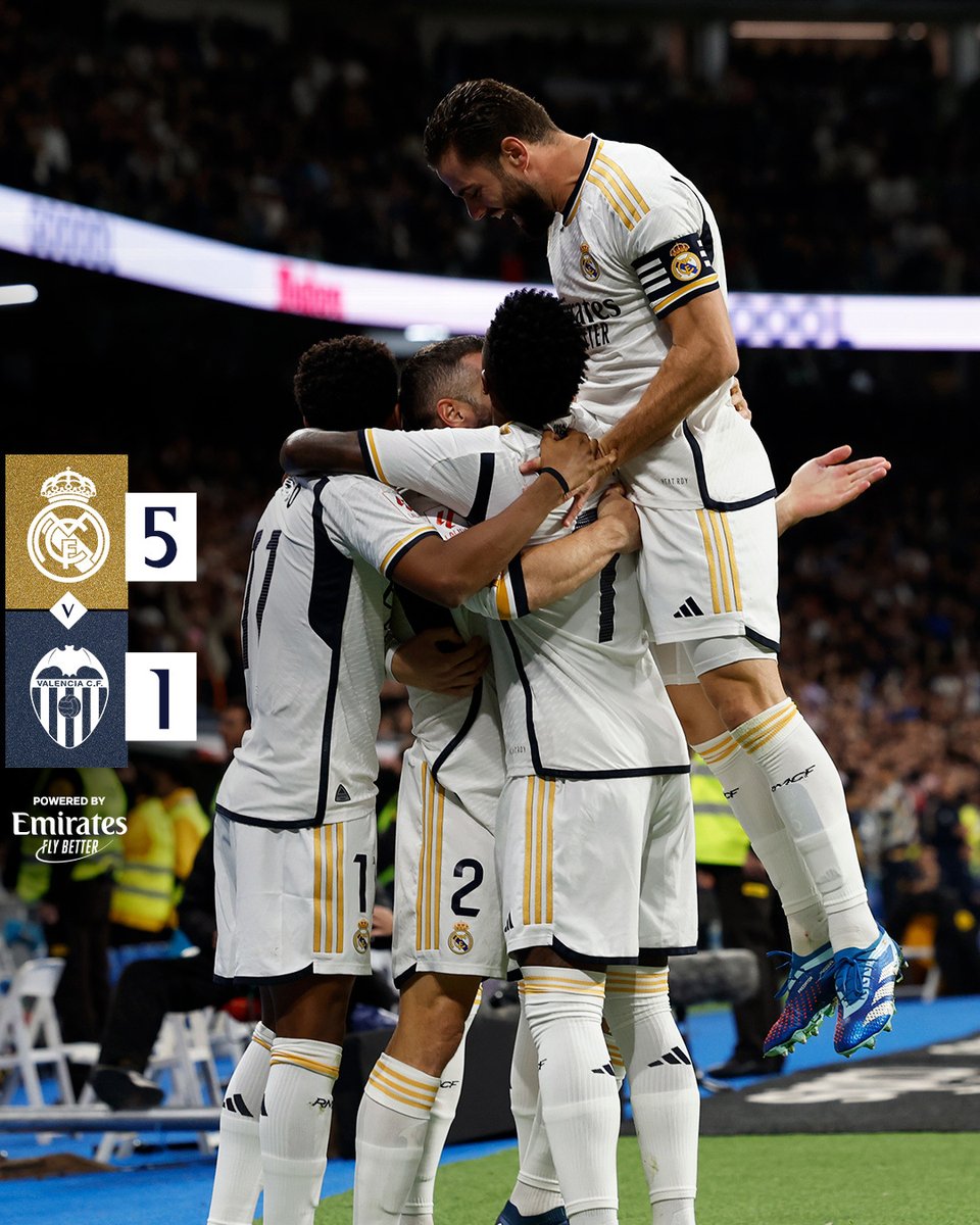 realmadridarab's tweet photo. 🏁 ريال مدريد 5-1 فالنسيا
⚽ 3' @DaniCarvajal92
⚽ 42' @ViniJr
⚽ 49' @ViniJr
⚽ 50' @RodrygoGoes
⚽ 84' @RodrygoGoes
⚽ 88' Hugo Duro
#RealMadridValencia | #Emirates https://t.co/ql9u8KOHuj