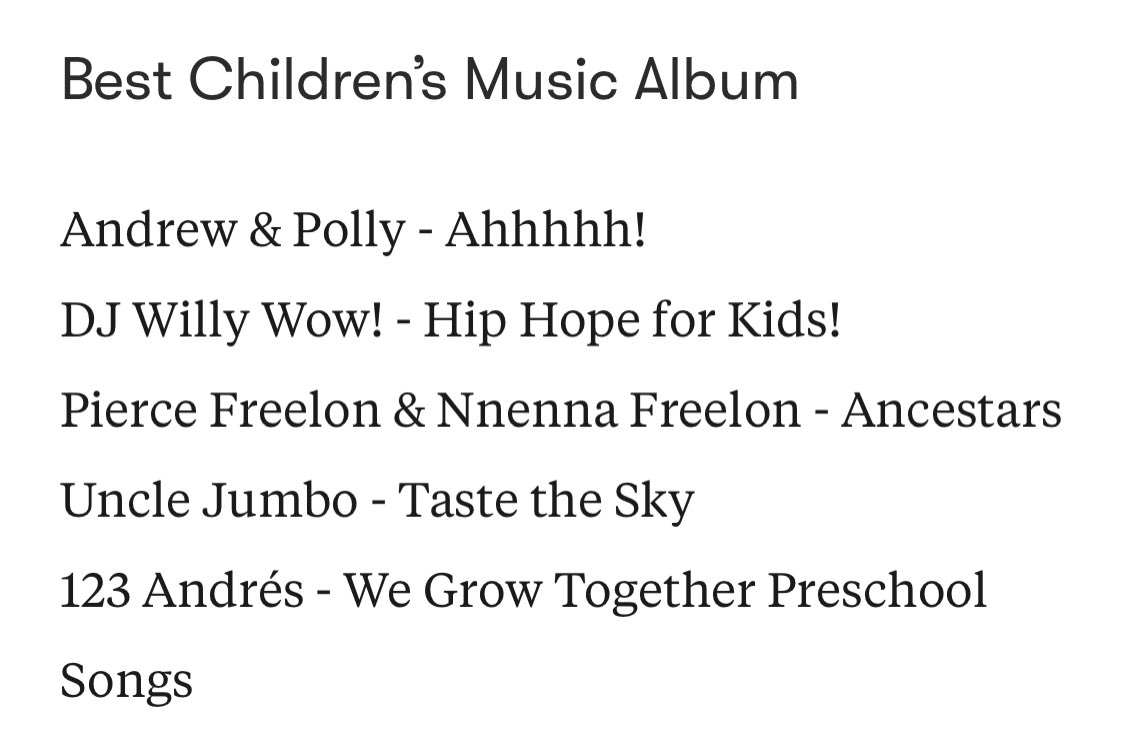 Huge congratulations to all the 2024 Best Children’s Album #Grammy/@RecordingAcad nominees @DJWillyWow1, @HelloUncleJumbo, @piercefreelon, @123conandres and @andrewypolly, proud to have you representing our genre!!