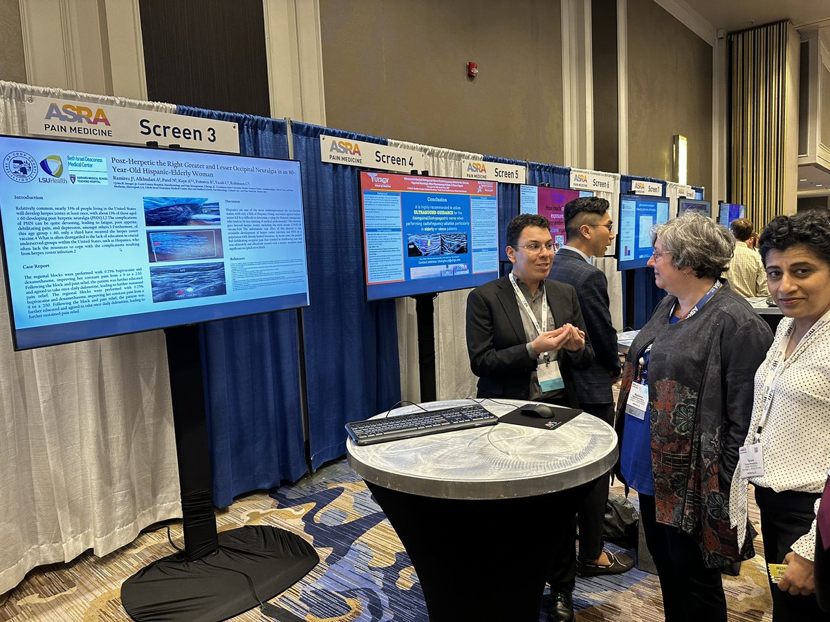 SamLinaresMD's tweet photo. County is da house! Proud of my co-fellows. Dr. López and Dr. Ramírez, and #anesthesiology residents Dr. Ivashkevich and Dr. @mmorsi_MD. Presenting with me at #ASRAFall23
#CountyPainMed #CountyProud 💪
#PainMedicine @ASRA_Society https://t.co/uw5CpU6dCL