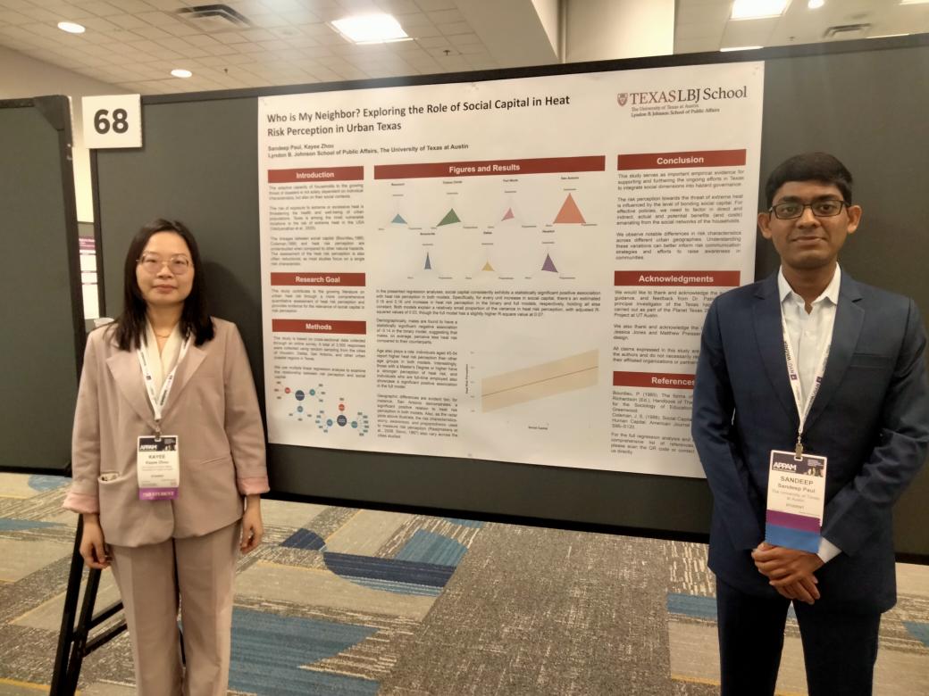 spaulnel's tweet image. Excellent conversations and feedback on our new work at #APPAM2023 @rpbixler @kayee_zhou. We discussed how to better capture risk perception to extreme heat in urban Texas and influence of social capital networks. Thank you Prof.@rpbixler and @TheLBJSchool for the opportunity.