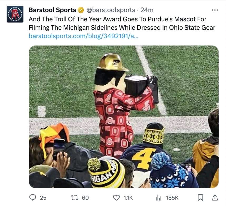 Crash_Underride's tweet image. I love a good sports related troll. Especially when the teams get involved. #purdueboilermakers #michiganwolverines #ohiostatebuckeyes #mascot #football