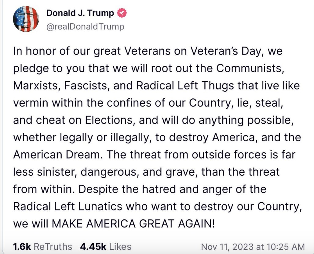 Home Depot's co-founder endorsed Trump on the same day Trump posted this, in case anyone needs another reason to never set foot in a Home Depot ever, ever again. Also, please pay attention to how much deeper Trump is sinking into Hitlerian language and tone. The GOP owns this.