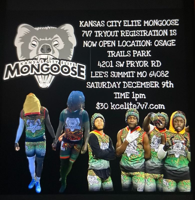 KC ELITE MONGOOSE (@kcelite7v7) on Twitter photo KANSAS CITY ELITE MONGOOSE 7v7 tryouts now open 7th-12th Grade 
kcelite7v7.com/shop-1 KANSAS CITY ELITE MONGOOSE 7v7 tryouts now open 7th-12th Grade 
kcelite7v7.com/shop-1