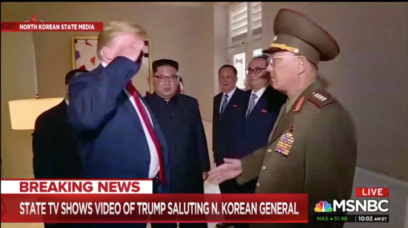 RonBertrand7's tweet photo. @Alexand89043379 @SergeantAqGo #Trump salutes communist general.🇰🇵

#TraitorTrump makes #Russian news by disrespecting 🇺🇸National Anthem.

Unfortunately, some veterans are #traitors to the constitution. They would do away with the constitution and make #Trump permanent dictator.

#TraitorsSupportTraitorTrump🇷🇺 https://t.co/IB9jSHGSII