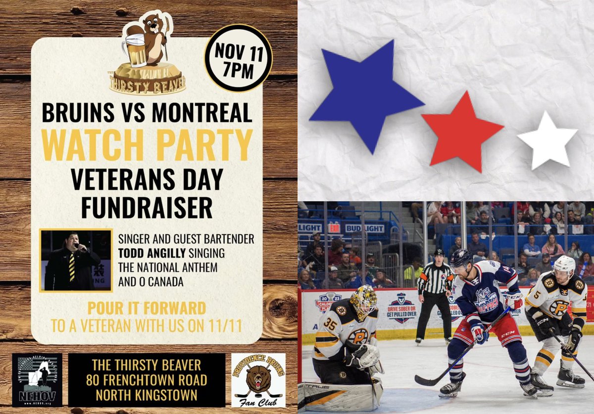 What’s the best way to spend Veterans Day? Spend it with @todd_angilly at The Thirsty Beaver raising money for New Englanders Helping Our Vets! ❤️🤍💙 Hope to see you there tonight! Good luck to the @AHLBruins who will be in CT playing @WolfPackAHL!