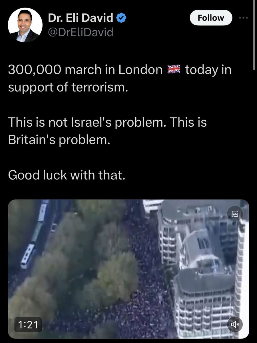 Zionist Dr.Eli David declared 300 thousand people who participated in the march in London as terrorists. #londonmarch #palestine #gaza #Gaza_under_attack #GazaGeniocide #Londonprotest