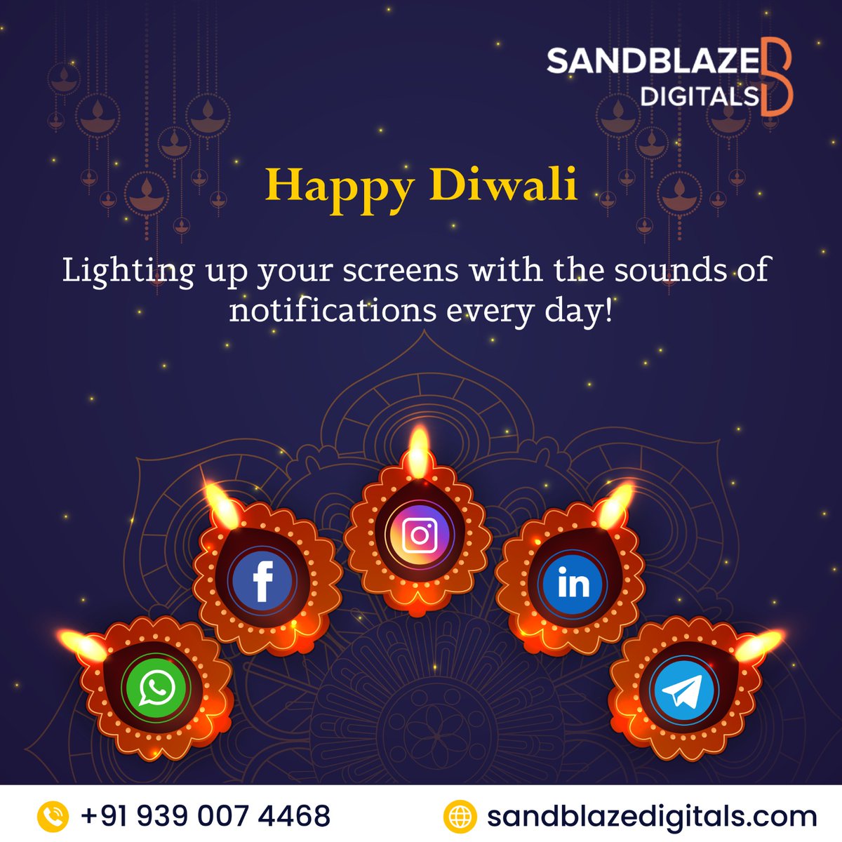 ✨ Celebrate the Digital Glow this Diwali with Sandblaze Digitals 🪔
May your Diwali be as bright as the diya lamps and as cheerful as the notification pings on your devices. Wishing you a Happy Diwali filled with prosperity and success. 

#SandblazeDigitals #HappyDiwali #Success