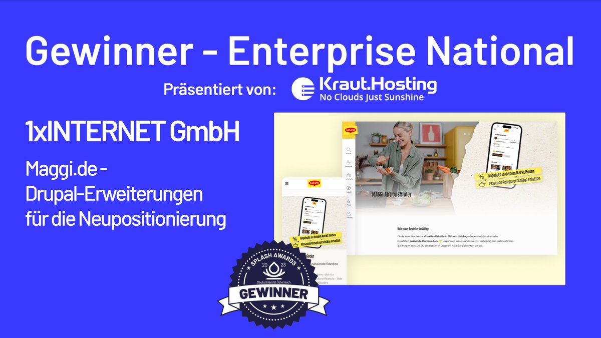 Splash Awards Deutschland & Österreich 2024 (@splashawards_de) on Twitter photo Kategorie Enterprise National, sponsored by Kraut.Hosting , bedeutete den Sieg für <a href="/1xINTERNET/">1xINTERNET</a> und ihr Projekt für Maggi.de <a href="/NestleGermany/">Nestlé Deutschland</a> - einen zweiten Platz erhielten die Österreicher von EOR Digital 🏆🎊#Drupal #SplashAwards #SplashAwardsDEAT Kategorie Enterprise National, sponsored by Kraut.Hosting , bedeutete den Sieg für <a href="/1xINTERNET/">1xINTERNET</a> und ihr Projekt für Maggi.de <a href="/NestleGermany/">Nestlé Deutschland</a> - einen zweiten Platz erhielten die Österreicher von EOR Digital 🏆🎊#Drupal #SplashAwards #SplashAwardsDEAT