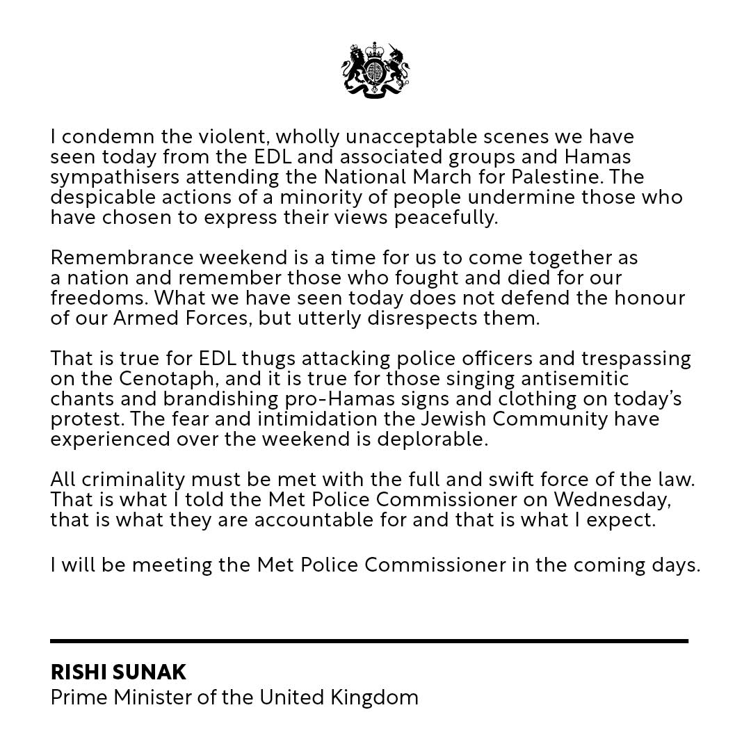 RishiSunak's tweet image. Remembrance weekend is a time for us to come together as a nation and remember those who fought and died for our freedoms.

The unacceptable scenes today disrespect their memory.